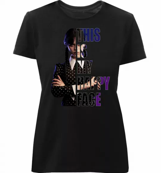 Жіноча преміум футболка Wednesday this is my happy face Чорний фото