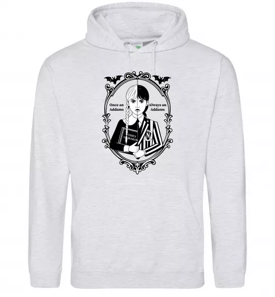 Мужская толстовка (худи) Wednesday once an Addams always an Addams Серый меланж фото