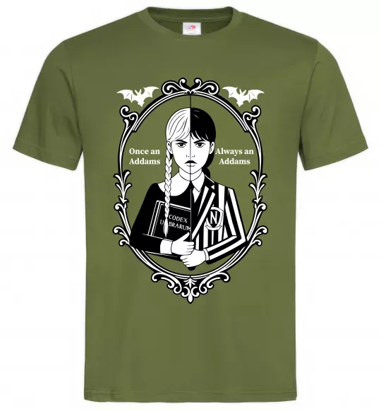 Чоловіча футболка Wednesday once an Addams always an Addams Оливковий фото