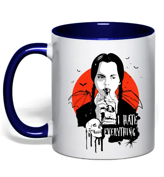Чашка з кольоровою ручкою Wednesday I hate everything Глибокий темно-синій фото