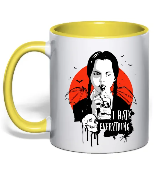 Чашка з кольоровою ручкою Wednesday I hate everything Лимонний фото