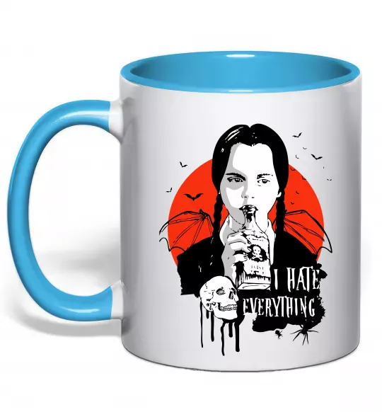Чашка з кольоровою ручкою Wednesday I hate everything Блакитний фото