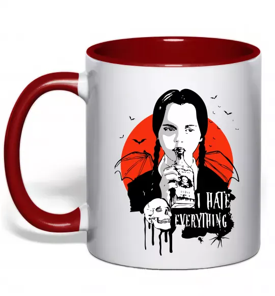 Чашка з кольоровою ручкою Wednesday I hate everything Червоний фото