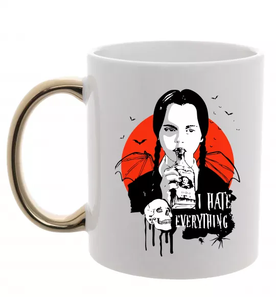 Чашка з кольоровою ручкою Wednesday I hate everything Золото фото