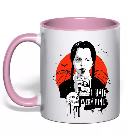 Чашка з кольоровою ручкою Wednesday I hate everything Ніжно рожевий фото