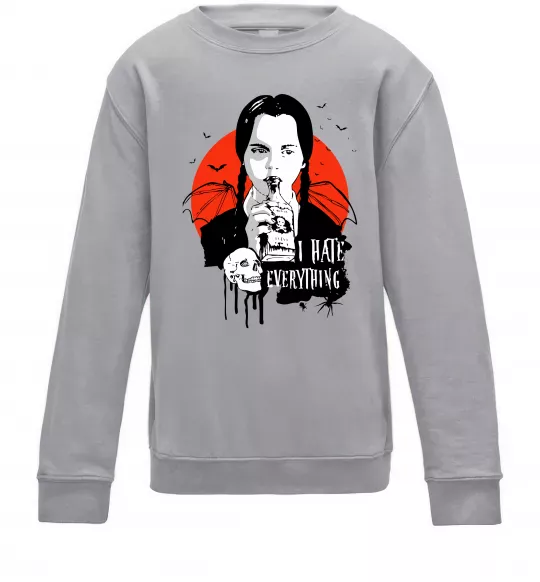 Детский Свитшот Wednesday I hate everything Серый меланж фото