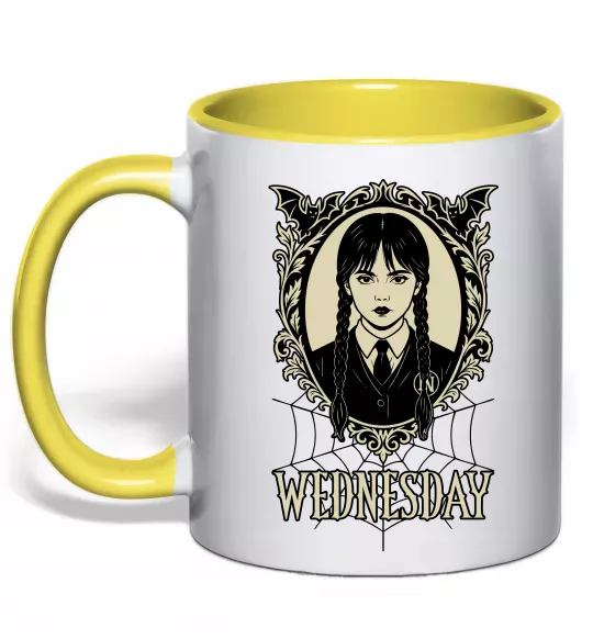 Чашка з кольоровою ручкою Wednesday павутина Сонячно жовтий фото