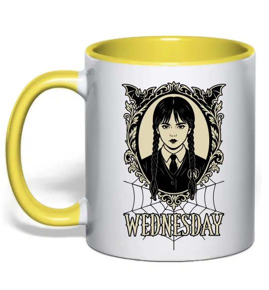 Чашка з кольоровою ручкою Wednesday павутина Лимонний фото