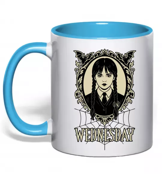 Чашка з кольоровою ручкою Wednesday павутина Блакитний фото