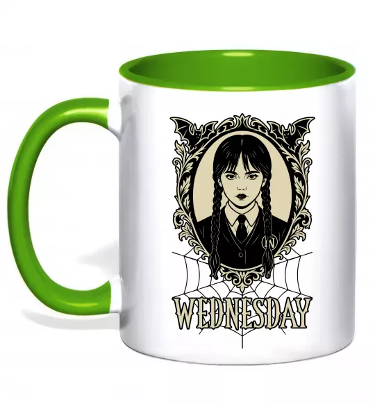 Чашка з кольоровою ручкою Wednesday павутина Зелений фото