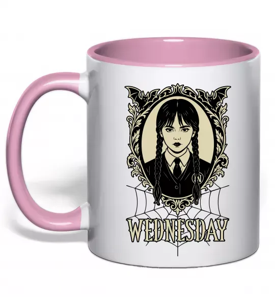 Чашка з кольоровою ручкою Wednesday павутина Ніжно рожевий фото