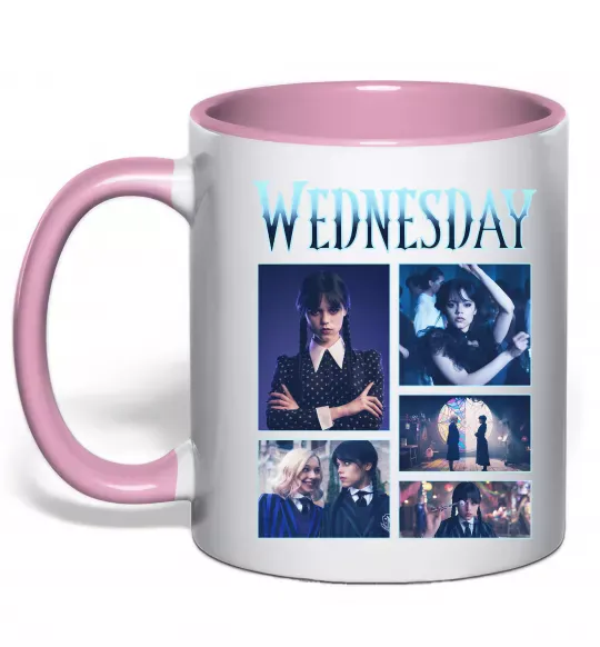 Чашка з кольоровою ручкою Wednesday колаж Ніжно рожевий фото