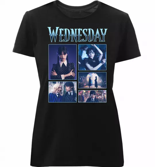 Женская премиум футболка Wednesday колаж Черный фото