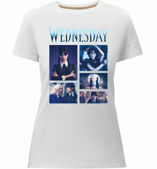 Женская премиум футболка Wednesday колаж Белый фото