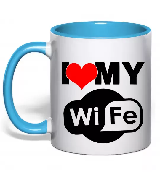 Чашка с цветной ручкой Love my wife Голубой фото