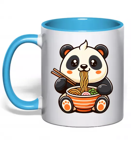 Чашка с цветной ручкой Панда рамен Голубой фото