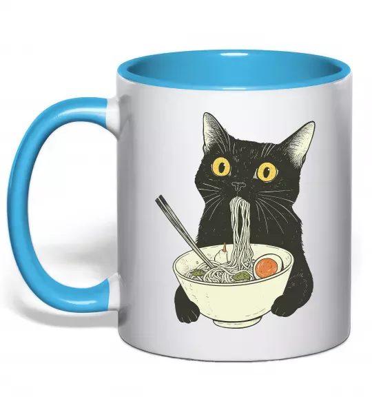 Чашка с цветной ручкой Ramen cat Голубой фото