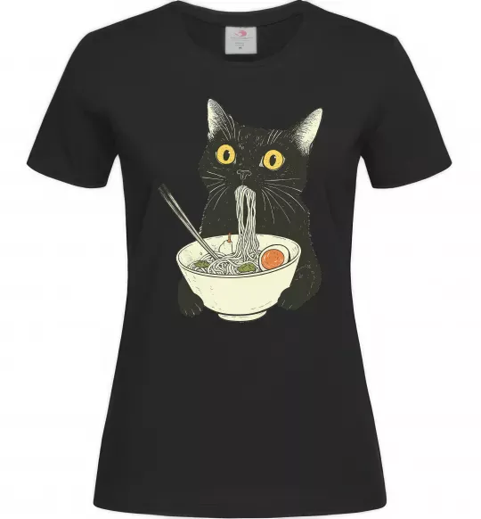 Женская футболка Ramen cat Черный фото