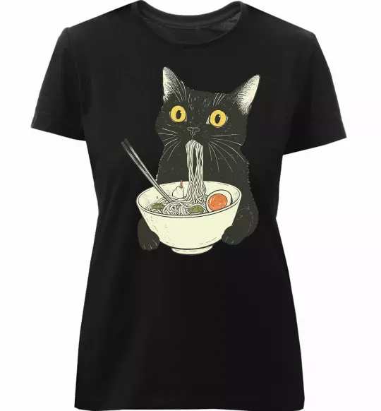 Женская премиум футболка Ramen cat Черный фото