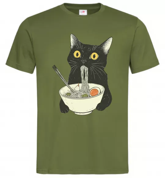 Мужская футболка Ramen cat Оливковый фото
