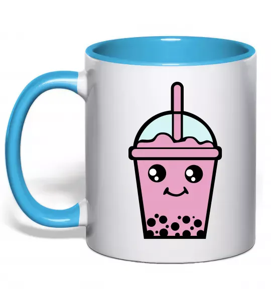 Чашка з кольоровою ручкою Pink boba tea Блакитний фото