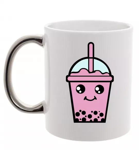 Чашка з кольоровою ручкою Pink boba tea Срібло фото