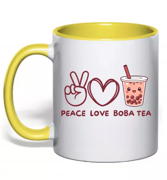 Чашка з кольоровою ручкою Peace love boba tea Сонячно жовтий фото