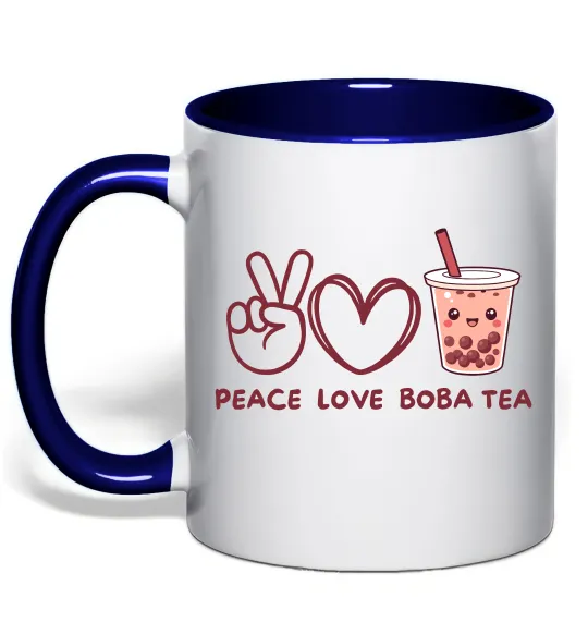 Чашка з кольоровою ручкою Peace love boba tea Глибокий темно-синій фото