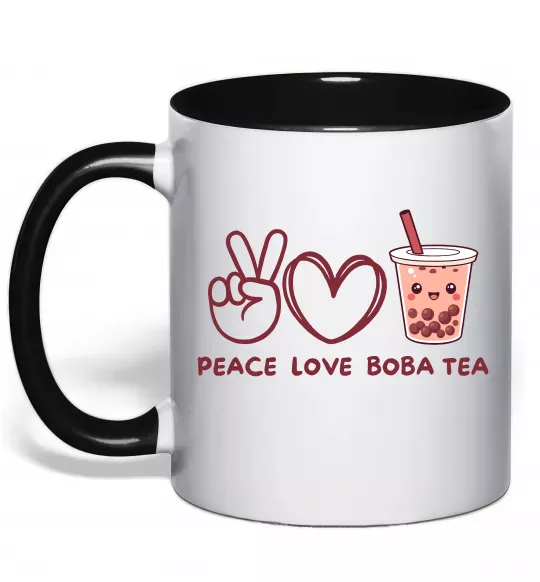 Чашка з кольоровою ручкою Peace love boba tea Чорний фото