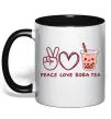 Чашка з кольоровою ручкою Peace love boba tea Чорний фото