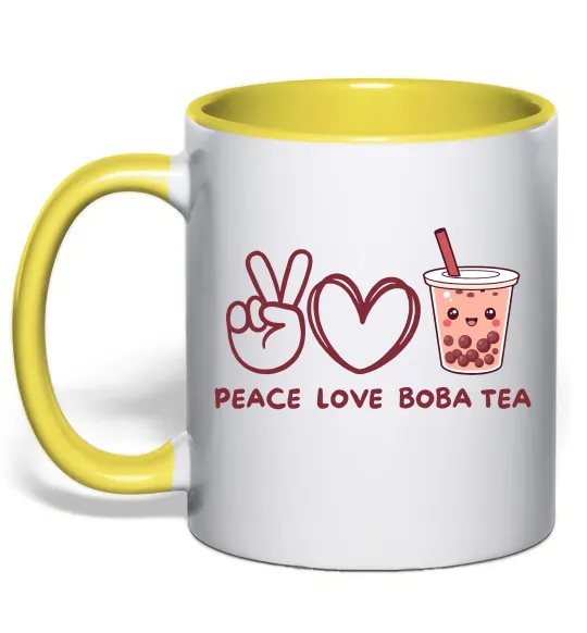 Чашка с цветной ручкой Peace love boba tea Лимонный фото