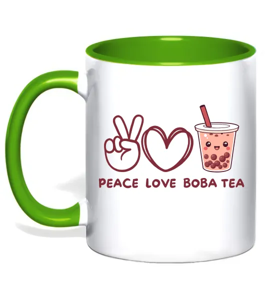 Чашка с цветной ручкой Peace love boba tea Лаймовый фото