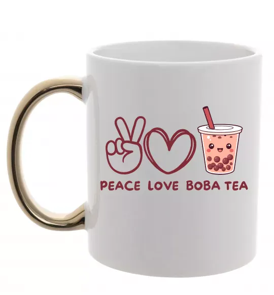 Чашка з кольоровою ручкою Peace love boba tea Золото фото
