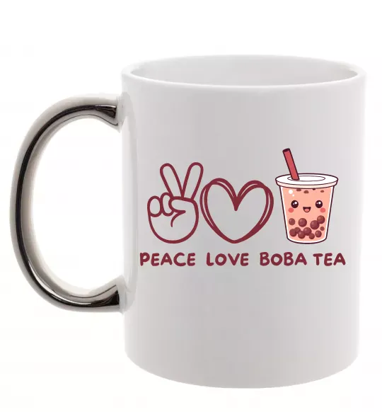 Чашка з кольоровою ручкою Peace love boba tea Срібло фото