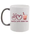 Чашка з кольоровою ручкою Peace love boba tea Срібло фото