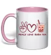 Чашка з кольоровою ручкою Peace love boba tea Ніжно рожевий фото