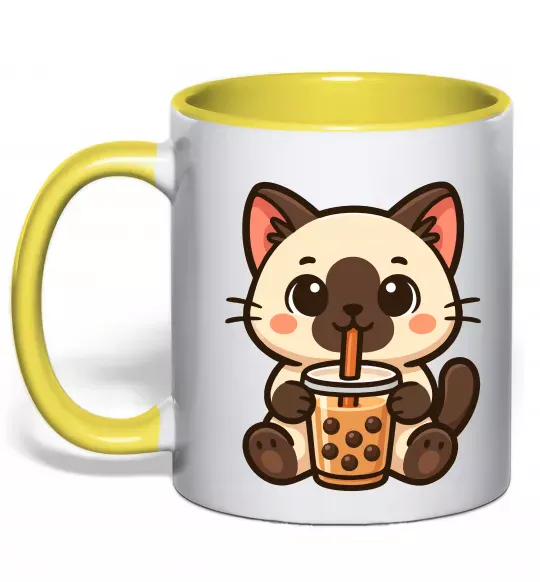 Чашка с цветной ручкой Boba tea cat Солнечно желтый фото