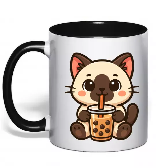 Чашка с цветной ручкой Boba tea cat Черный фото