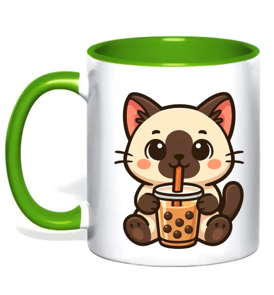 Чашка с цветной ручкой Boba tea cat Лаймовый фото