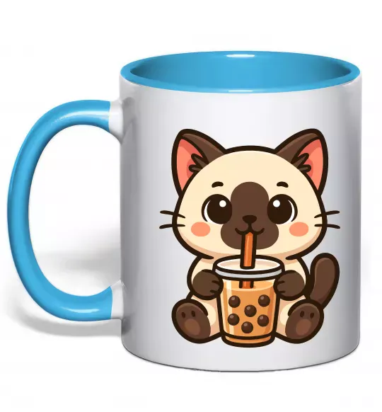Чашка с цветной ручкой Boba tea cat Голубой фото