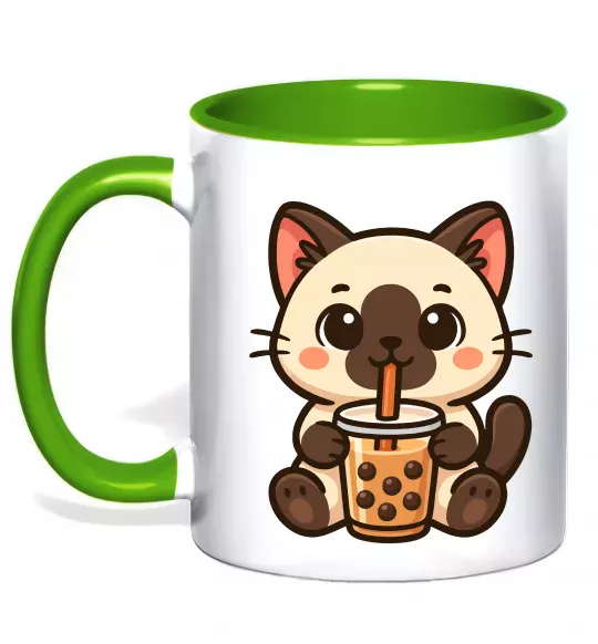 Чашка с цветной ручкой Boba tea cat Зеленый фото