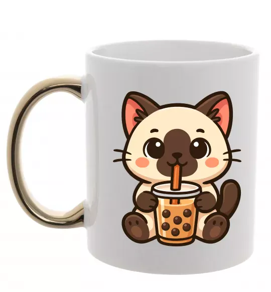 Чашка с цветной ручкой Boba tea cat Золото фото