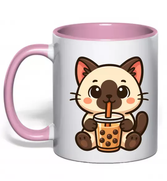 Чашка с цветной ручкой Boba tea cat Нежно розовый фото