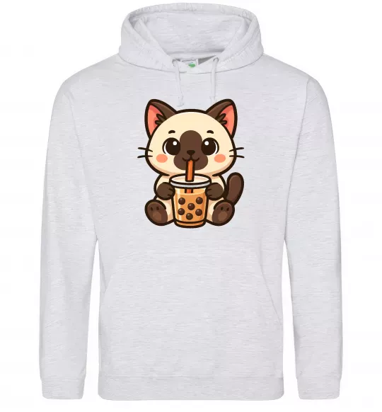 Чоловіча толстовка (худі) Boba tea cat Сірий меланж фото