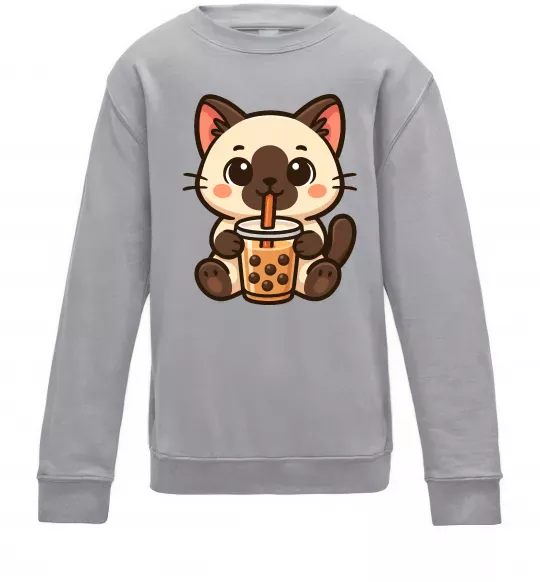 Детский Свитшот Boba tea cat Серый меланж фото