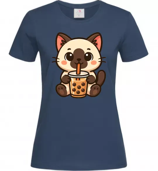 Женская футболка Boba tea cat Темно-синий фото