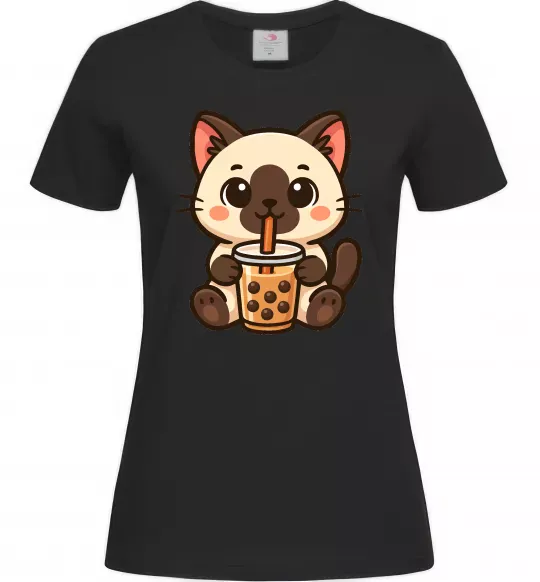 Женская футболка Boba tea cat Черный фото
