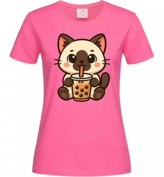 Женская футболка Boba tea cat Ярко-розовый фото