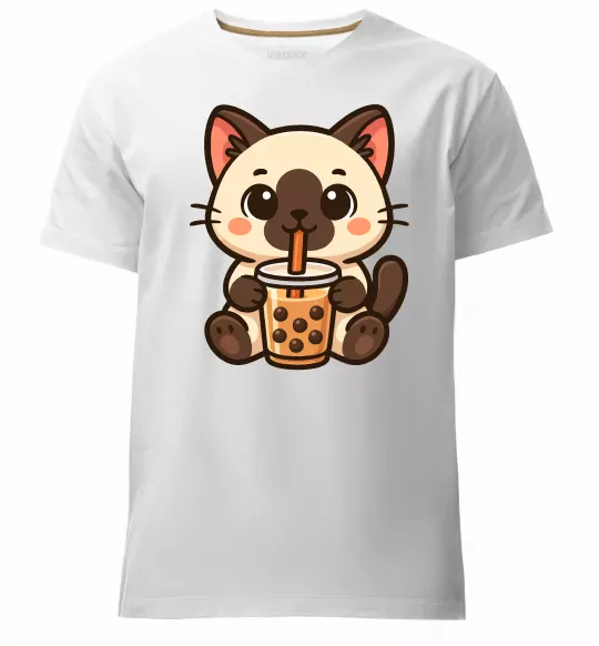 Мужская премиум футболка Boba tea cat Белый фото