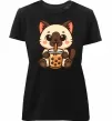 Жіноча преміум футболка Boba tea cat Чорний фото
